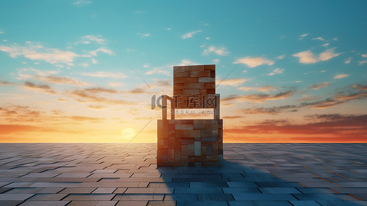 木椅沐浴在蓝天背景下 3D 渲染的夏日日落的温暖光芒中