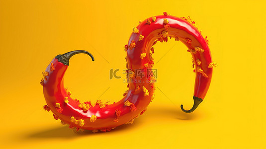 在充满活力的黄色背景上，辣椒在 3D 中形状为三号