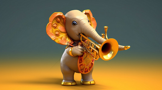 充满活力的 3D 大象喇叭与欢乐插图
