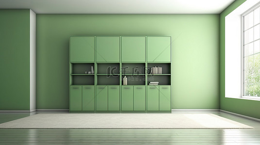 电视墙背景图片_现代绿色客厅，配有时尚的橱柜设计 3D 渲染
