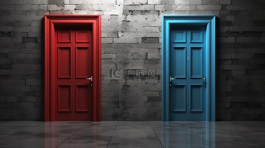 在黑色水泥墙上选择您未来的 3D 渲染蓝色和红色门