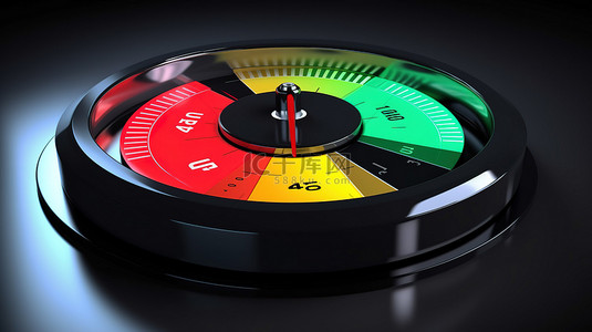 3D 圆形控制面板图标，描绘车速表和信用评级量表的高风险
