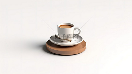 高架咖啡杯单独站立在 3D 渲染的白色背景上