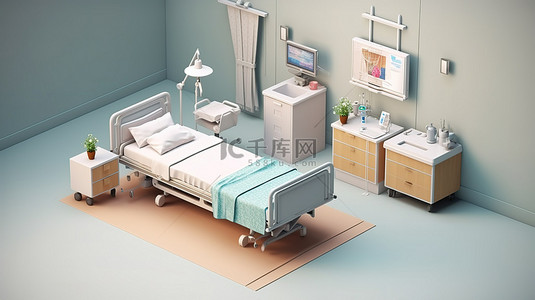 私人房间中一张病床的独立 3D 渲染插图