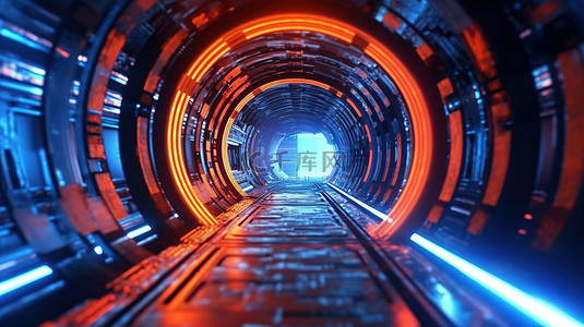 具有抽象红色和蓝色照明的科幻网络空间隧道的循环 3D 渲染