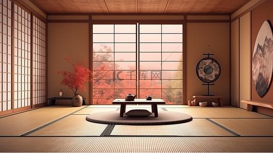 日本日式旅馆中的禅宗风格客厅，配有六边形墙砖和 3D 渲染的传统榻榻米地板设计