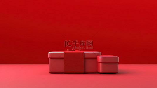 简约 3D 渲染充满活力的红色礼品盒，具有充足的复制空间