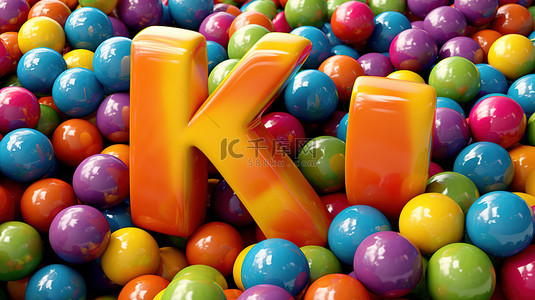 充满活力的 klm 字母有趣的 3D 设计，带有光泽的五彩装饰球