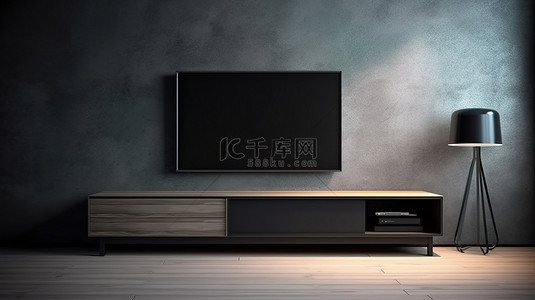 时尚的电视在深色墙壁上展示了一台大型LSD电视，木地板上配有简约的床头柜3D渲染