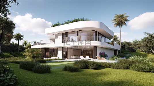 迷人的现代豪宅，拥有 3D 渲染中欣欣向荣的花园