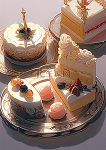 5 种蛋糕精选，放在烛台前的盘子上