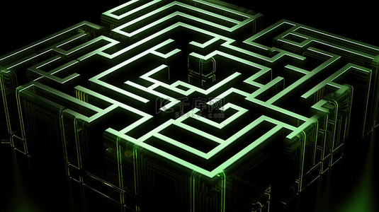 绿色迷宫立方体概念等距黑色抽象迷宫的 3D 插图