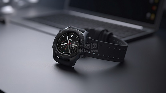3D 渲染现代黑色智能手表的极端特写，桌子模型上有表带