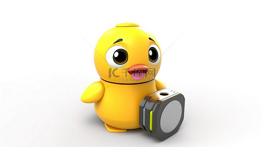 黄桃罐头卡通背景图片_可爱的 3D 渲染黄鸭吉祥物，白色背景上配有可充电电池
