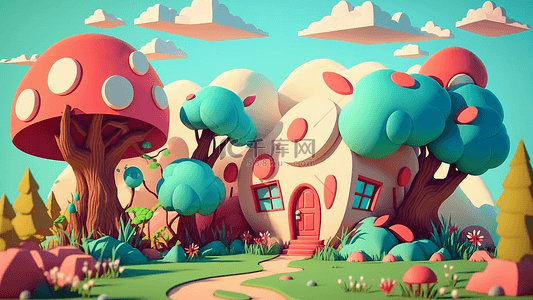 绿色蘑菇房子背景图片_小屋蘑菇可爱卡通插画