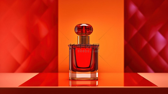 包装瓶展示样机背景图片_优雅的香水瓶展示在充满活力的红色基座上，在令人惊叹的抽象图形背景下 3D 渲染的香水包装