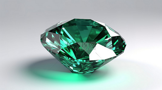 白色背景的 3D 渲染孤立翠绿水晶，饰有闪闪发光的钻石