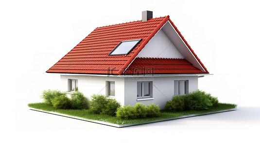 红色屋顶的房子背景图片_现代小屋，拥有充满活力的红色屋顶和郁郁葱葱的绿色草坪，在干净的白色背景 3D 渲染上