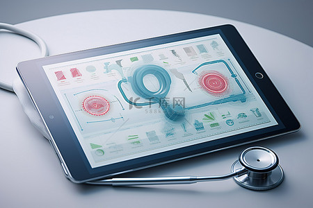 健康管理体验店背景图片_听诊器和听诊器在平板电脑上拿着图表
