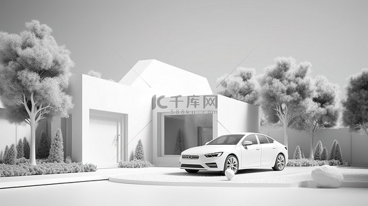 房屋卡通背景图片_当代住宅白色塑料房屋花园和车库的单色 3D 描绘