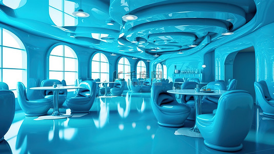 咖啡馆的 3D 渲染，具有未来派和现代内饰，采用酸性蓝色色调