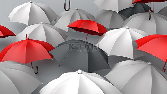 红色雨伞背景图片_半空中一组浅灰色雨伞中的红色雨伞 3d 渲染图像，下方有复制空间