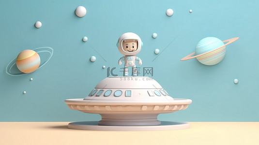 柔和背景上的讲台的 3D 渲染，配有卡通宇航员孩子和不明飞行物