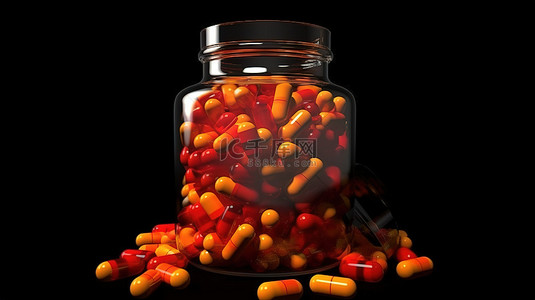 出病毒背景图片_橙色罐子射出一系列充满活力的 3D 渲染红色药丸