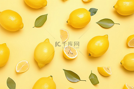 黄色背景中的柠檬和梨