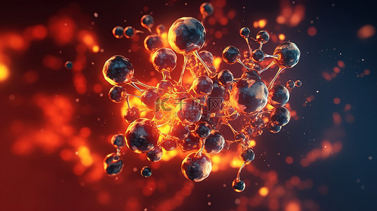 生物科技创新背景图片_抽象化学动态分子和原子在火热条纹中点燃 3D 插图