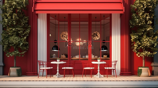 3d 渲染中红色背景的古典风格户外咖啡店