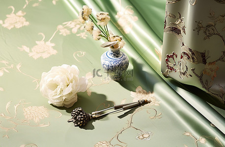 国潮簪花背景图片_一瓶花和一把梳子并排放置
