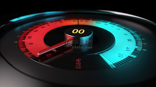 车速表信用评级量表控制面板图标的 3D 插图，带有 90 个正常风险指示器