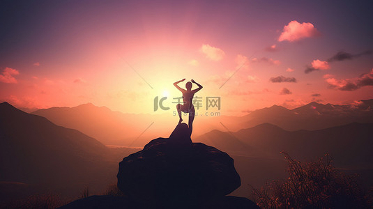 瑜伽瑜伽背景图片_日落瑜伽 3D 渲染一个女人在山顶姿势的剪影
