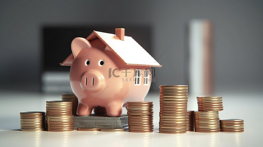 小猪的背景图片_存钱罐里有一堆 3d 硬币和房子形状的储蓄