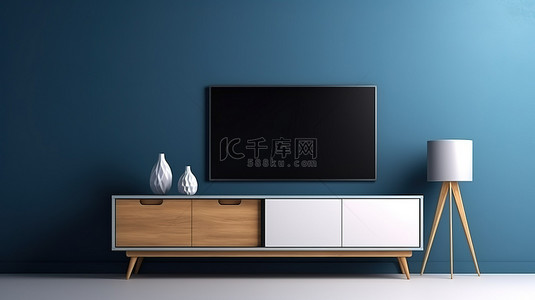 现代空房间的 3D 渲染，柜子上配有模型电视，背景为深蓝色墙壁