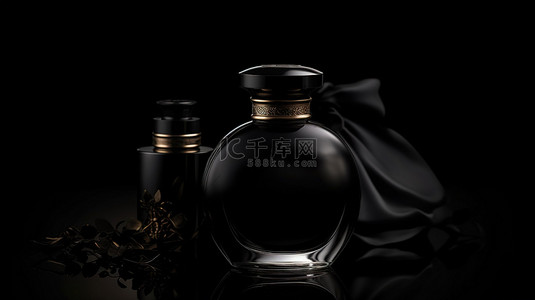 黑色背景上带有黑色瓶子和化妆品罐的深色前卫 3d 香水渲染