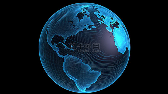 时代背景图片_具有类似地球线框模型和空间圆的蓝色抽象球体的 3D 插图