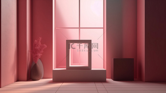 3d 渲染中的粉红色调方形讲台，用于在阴影窗室背景下展示产品，是展示的完美模型