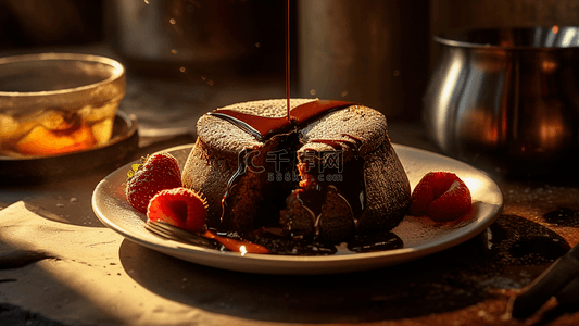 甜系背景图片_甜点熔岩巧克力蛋糕切开背景