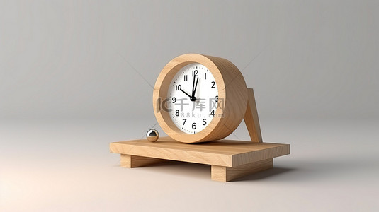 时间的闹钟背景图片_白色背景下木制架子上的闹钟的 3D 渲染