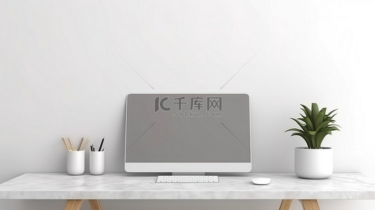 空笔记本电脑屏幕和桌面上的文本区域，带有 3D 白色砖墙海报框架模型