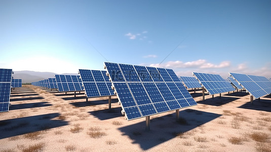蓝天背景与 3d 渲染太阳能发电技术，具有替代能源和太阳能电池板模块