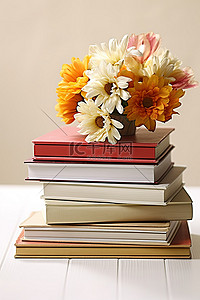 笔记本电脑里堆放着书籍，上面放着一束鲜花