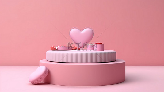 情人节讲台是一个粉红色的舞台，有甜心形状和礼品盒 3D 渲染