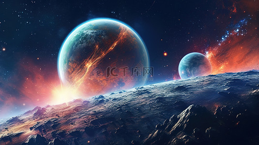 纵深空镜背景图片_深空行星星系和星空的星际极乐 3D 渲染