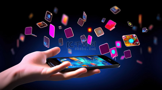 握住手机的手背景图片_当手握住手机 3D 渲染时，电话图标会飞翔