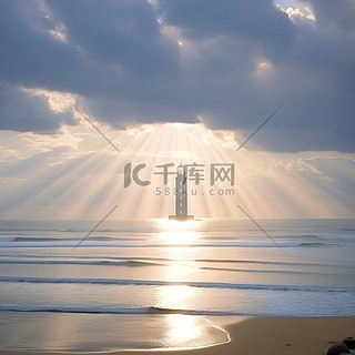 海洋背景图片_靠近海洋的灯塔，海滩上有阳光