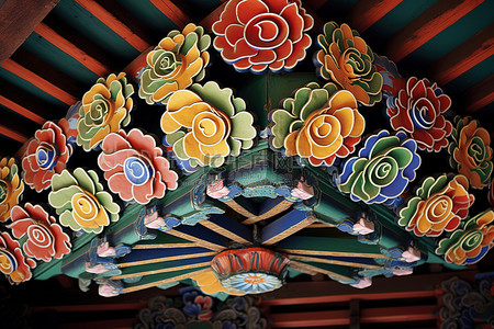 木质结构背景图片_木质结构的天花板，带有花朵图案
