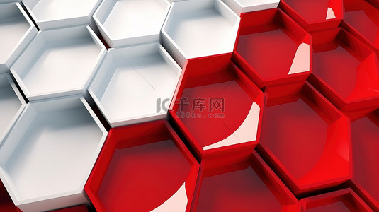 豪华抽象背景水平横幅，具有白色和红色几何 3D 六边形